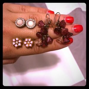 Pink  gold earring set flower stud hanging pearl